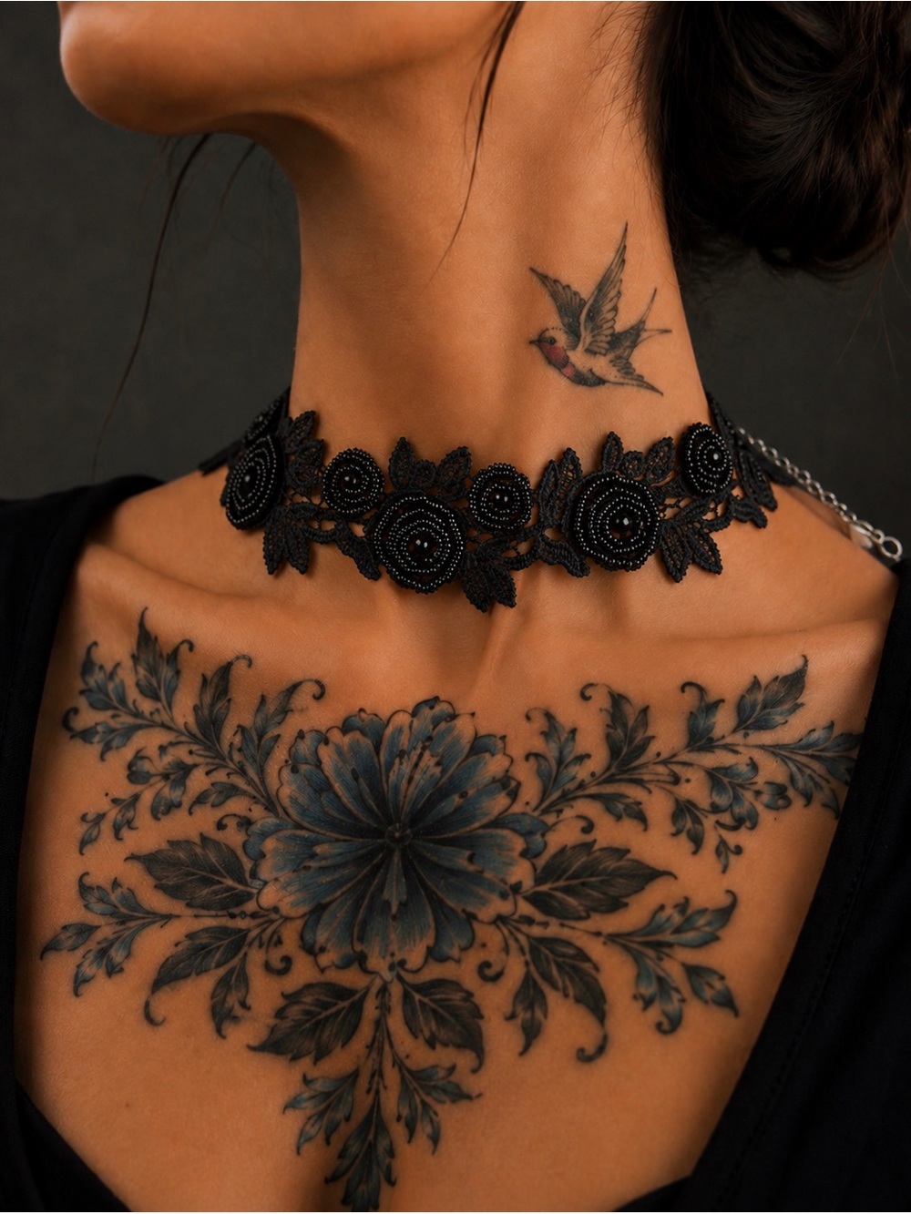 Handmade Black Beaded Lace Floral Choker | Gothic Victorian Rose Necklace